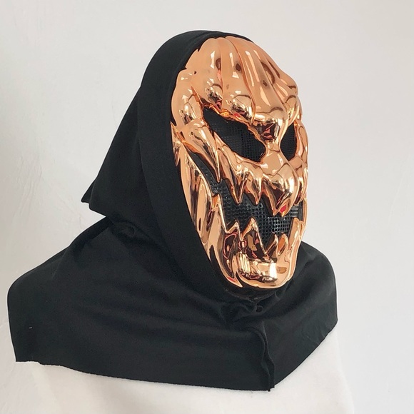 Halloween Scary Jack-O-Lantern Mask Metallic Orange Pumpkin Skull Hodded Costume - Picture 6 of 7